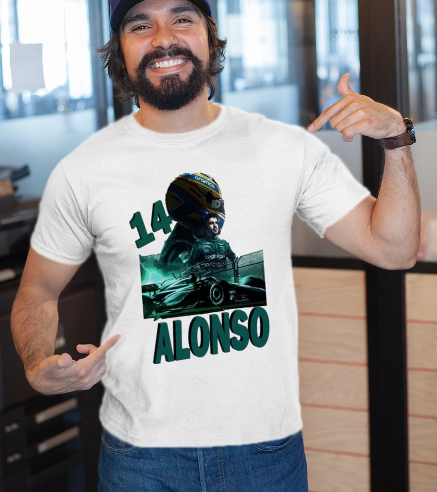 14 Alonso Aramco Racing Helmet And Car T-Shirt