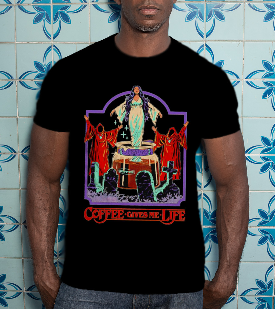 COFFEE GIVES ME LIFE Enchantress And Ritual Scene With Tombstones T-Shirt