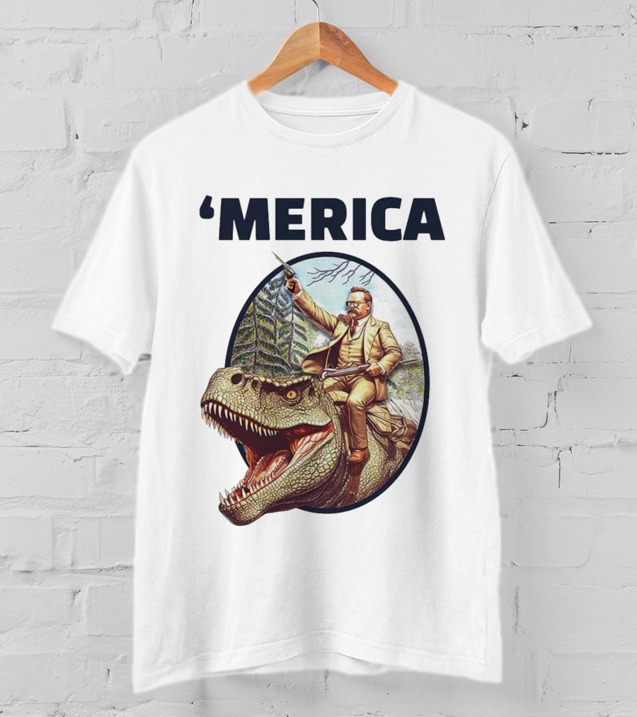 Theodore Roosevelt Riding Dinosaur ‘Merica Patriotic Adventure Scene T-Shirt