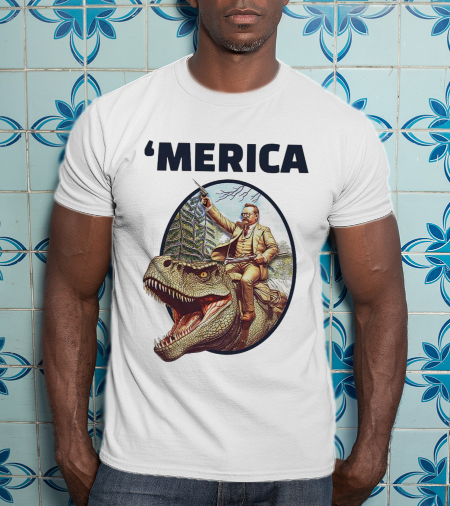 Theodore Roosevelt Riding Dinosaur ‘Merica Patriotic Adventure Scene T-Shirt
