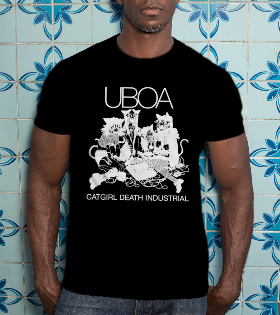 UBOA Catgirl Death Industrial White Text And Figures T-Shirt