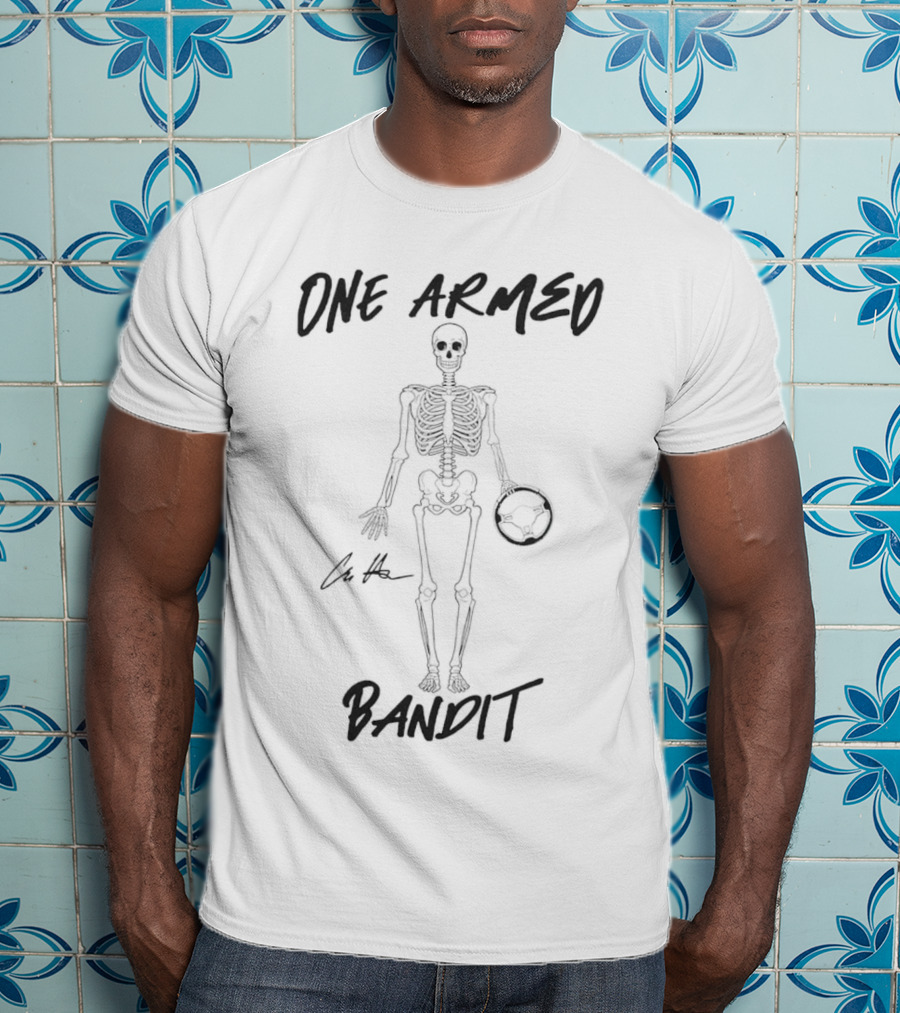 One Armed Bandit Skeleton Holding Football Chris Hacker T-Shirt