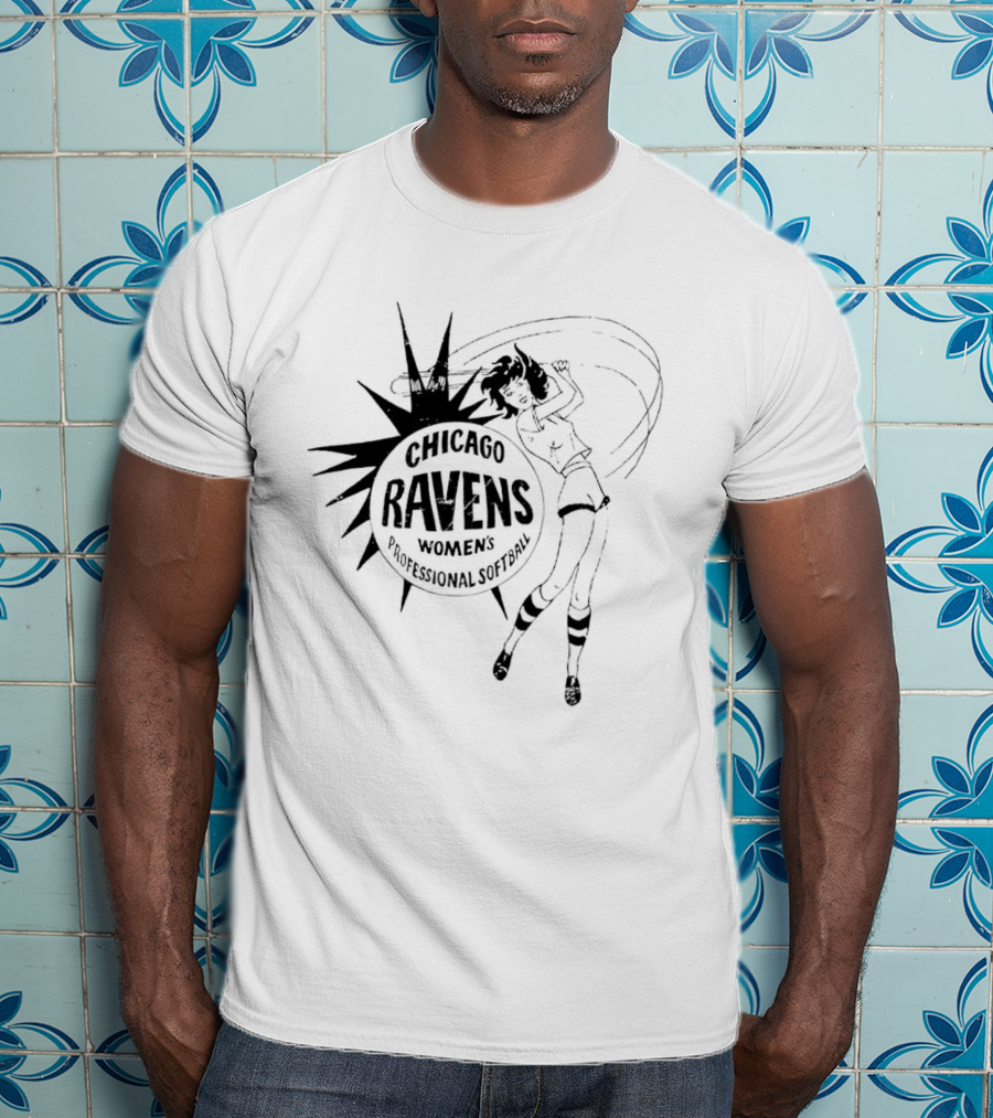 Chicago Ravens Women's Professional Softball Logo With Dynamic Female Player T-Shirt