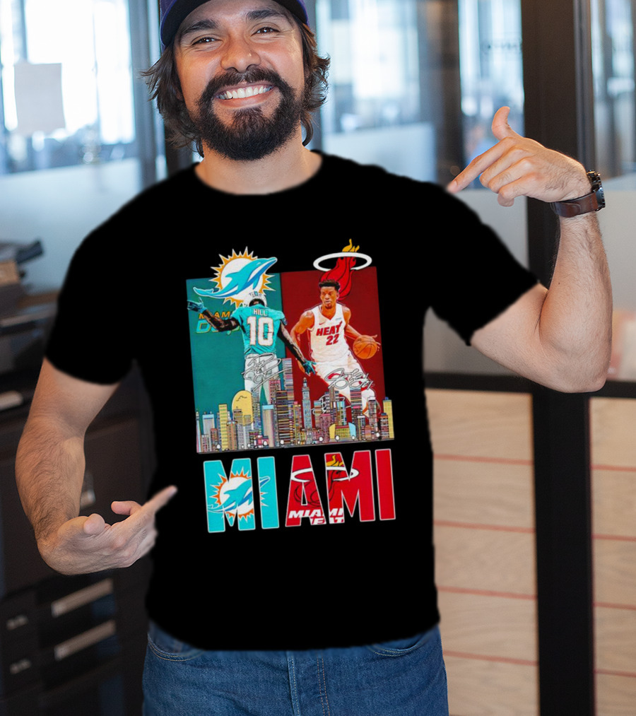 Miami Dolphins Tyreek Hill Miami Heat Jimmy Butler Signatures Skyline Featuring Dolphins And Heat T-Shirt