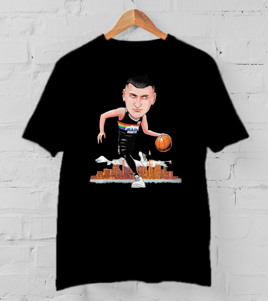 Nikola Jokic Denver Nuggets Cartoon Dribbling Basketball Colorado Skyline T-Shirt