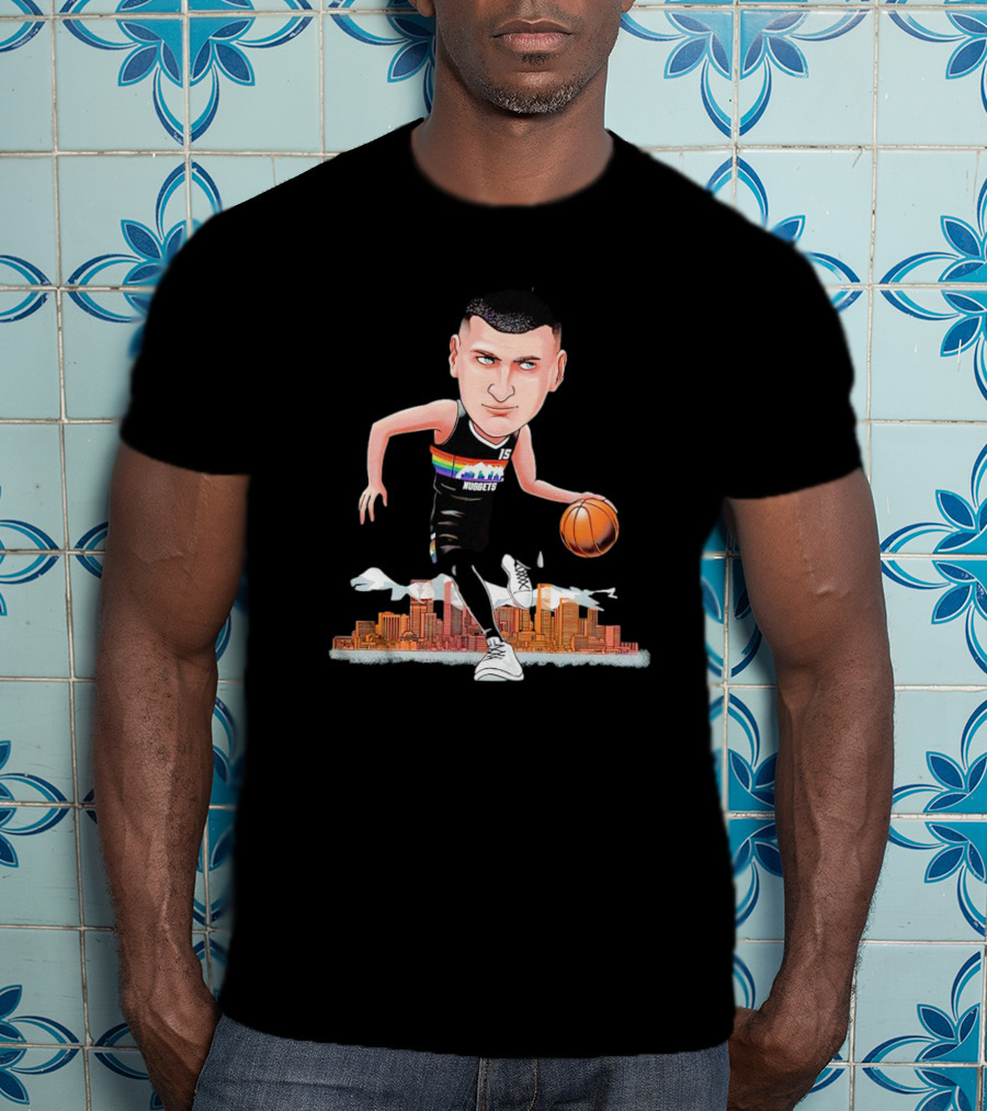 Nikola Jokic Denver Nuggets Cartoon Dribbling Basketball Colorado Skyline T-Shirt