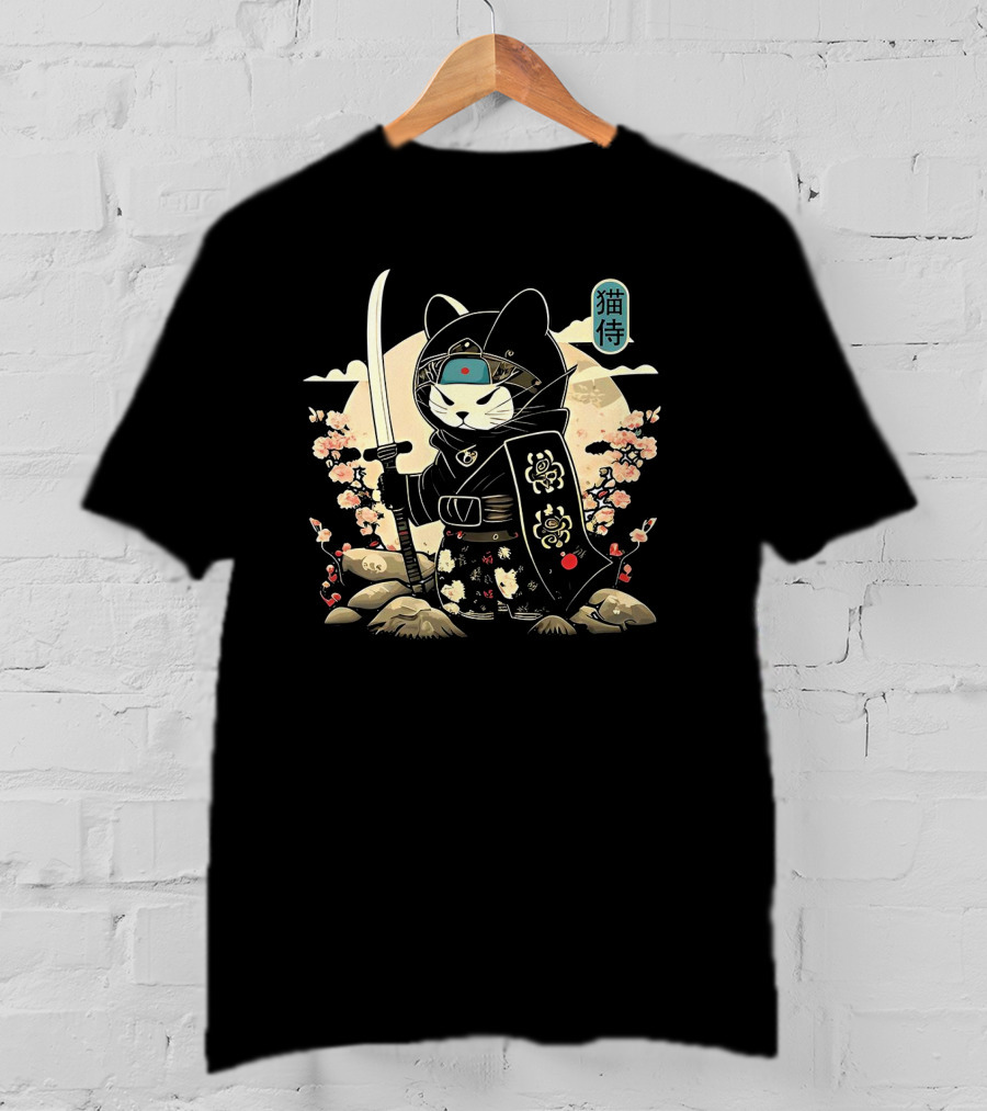 Samurai Cat Sakura Blossom Warrior Japan Kanji Armor Katana T-Shirt