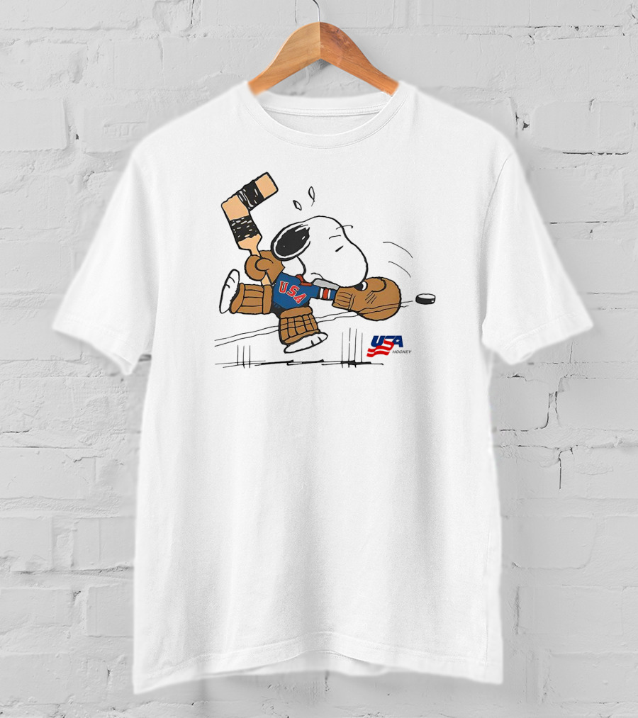 Peanuts Snoopy USA Hockey Goalie With Bat And USA Puck T-Shirt