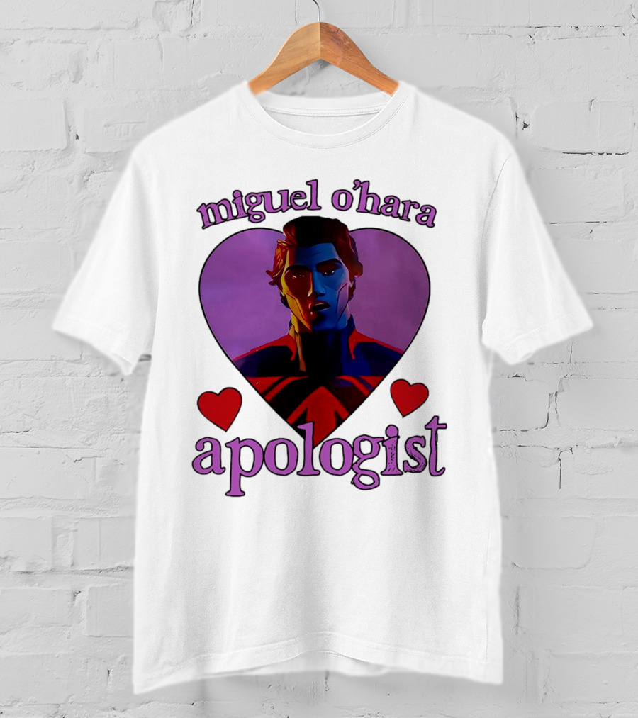 Miguel O’Hara Apologist Love Heart With Heroic Figure In Purple And Red Hearts T-Shirt