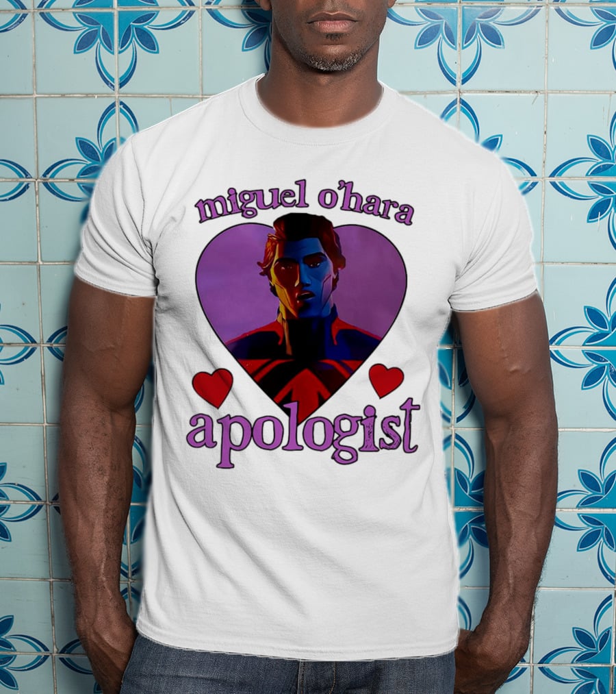 Miguel O’Hara Apologist Love Heart With Heroic Figure In Purple And Red Hearts T-Shirt
