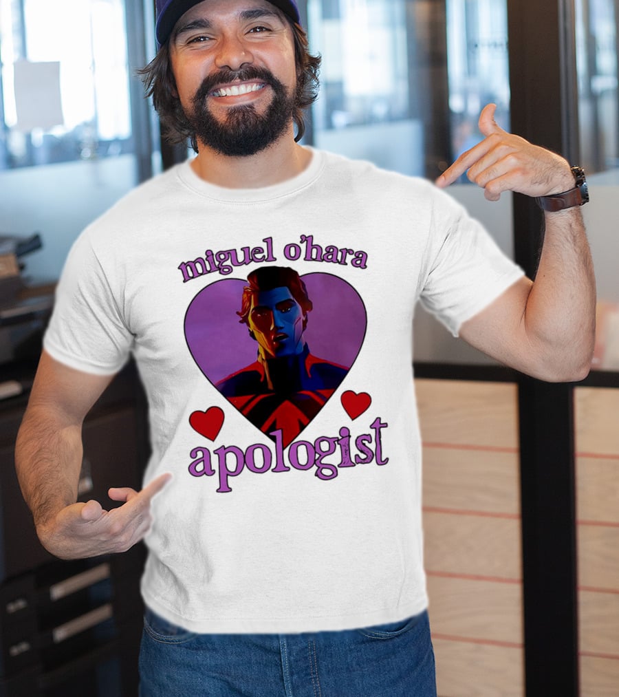 Miguel O’Hara Apologist Love Heart With Heroic Figure In Purple And Red Hearts T-Shirt