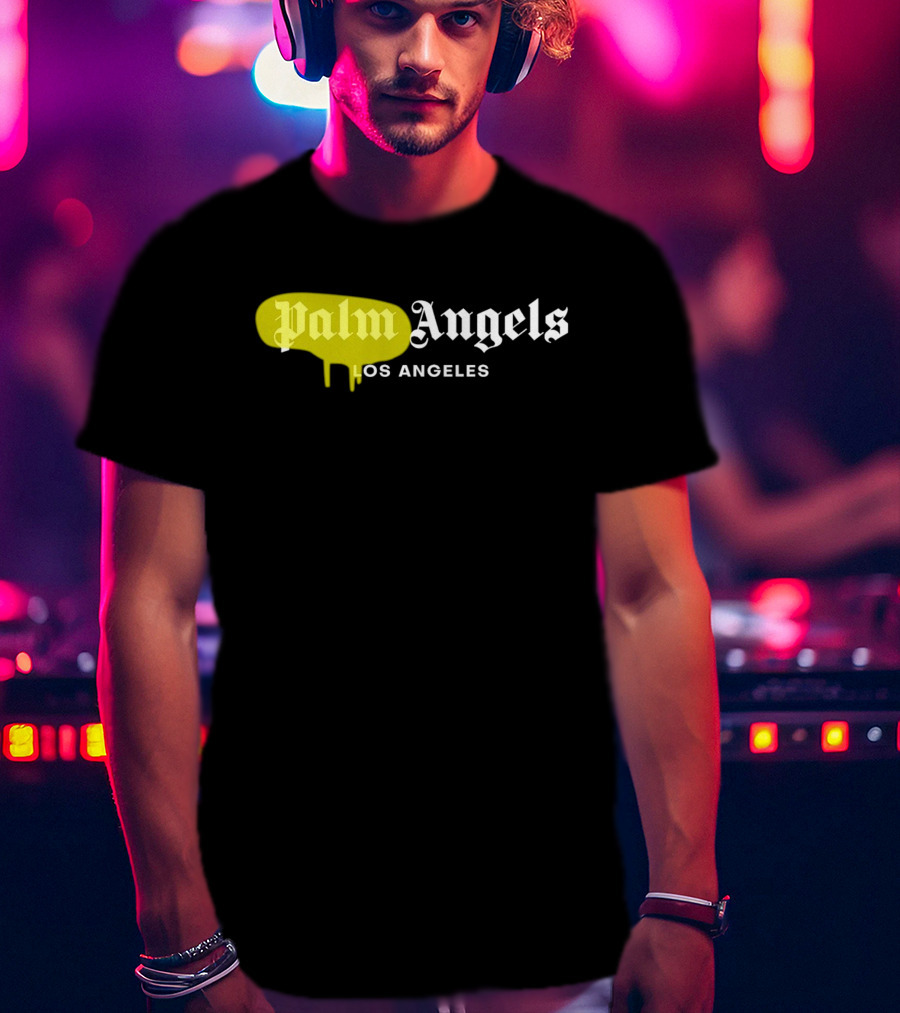 Palm Angels Los Angeles Yellow Paint Drip Text T-Shirt