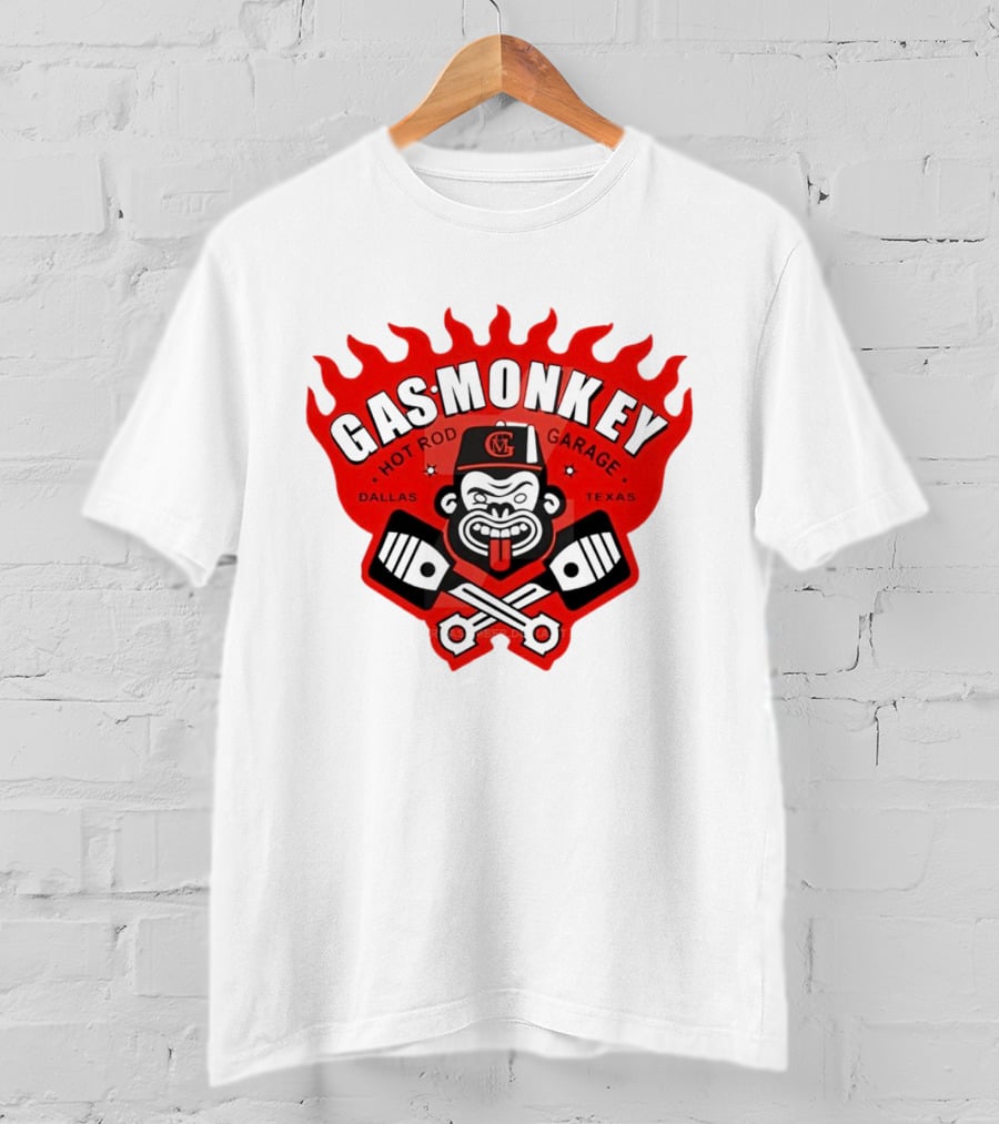 Gas Monkey Hot Rod Garage Dallas Texas Flame Logo Monkey With Pistons T-Shirt
