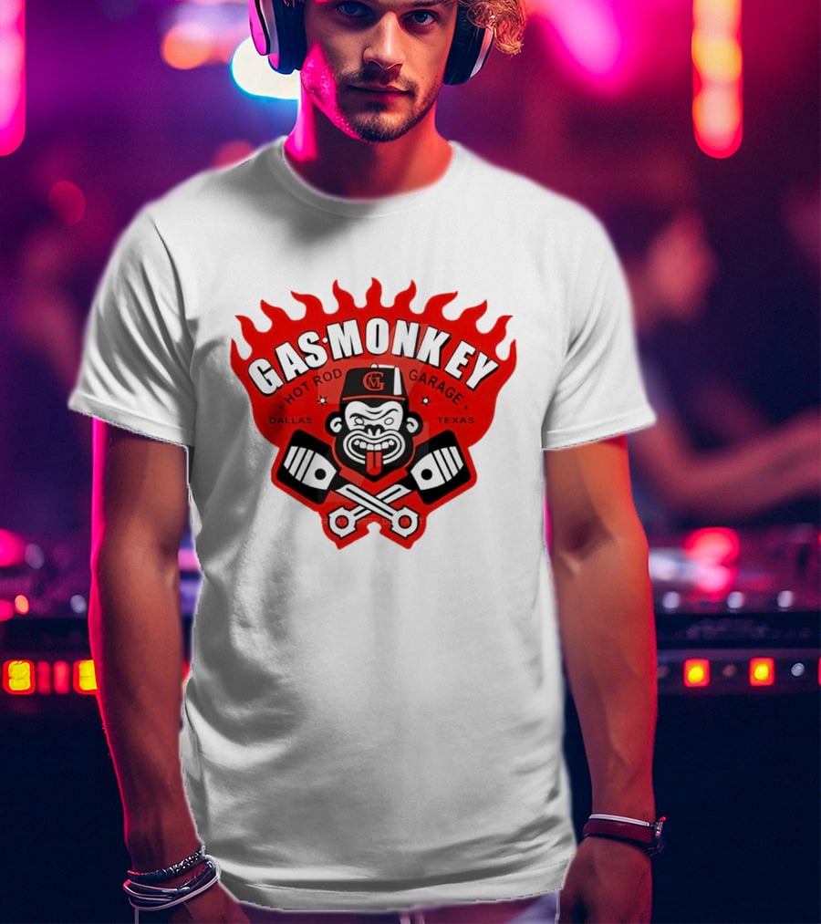 Gas Monkey Hot Rod Garage Dallas Texas Flame Logo Monkey With Pistons T-Shirt