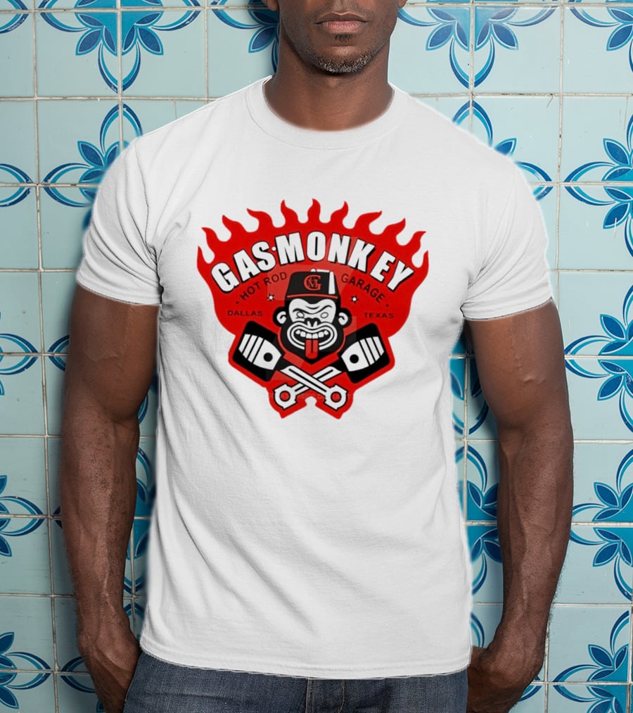Gas Monkey Hot Rod Garage Dallas Texas Flame Logo Monkey With Pistons T-Shirt