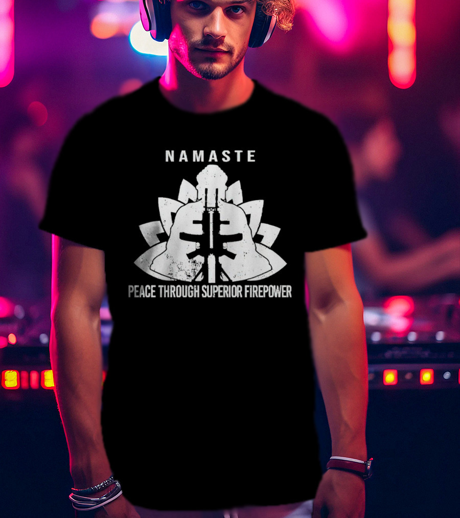 Namaste Peace Through Superior Firepower Lotus Helmet Gunpowder Mandala T-Shirt
