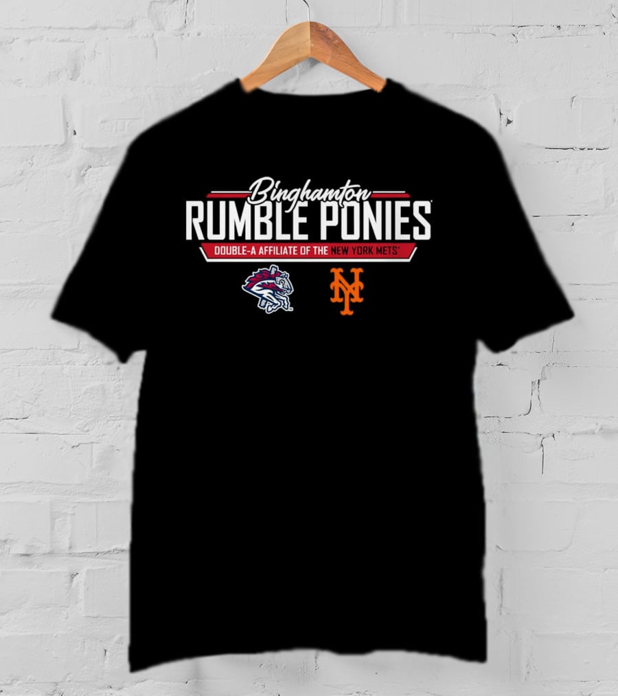 Binghamton Rumble Ponies New York Mets Double-A Affiliate Logo With Pony And Mets Symbols T-Shirt