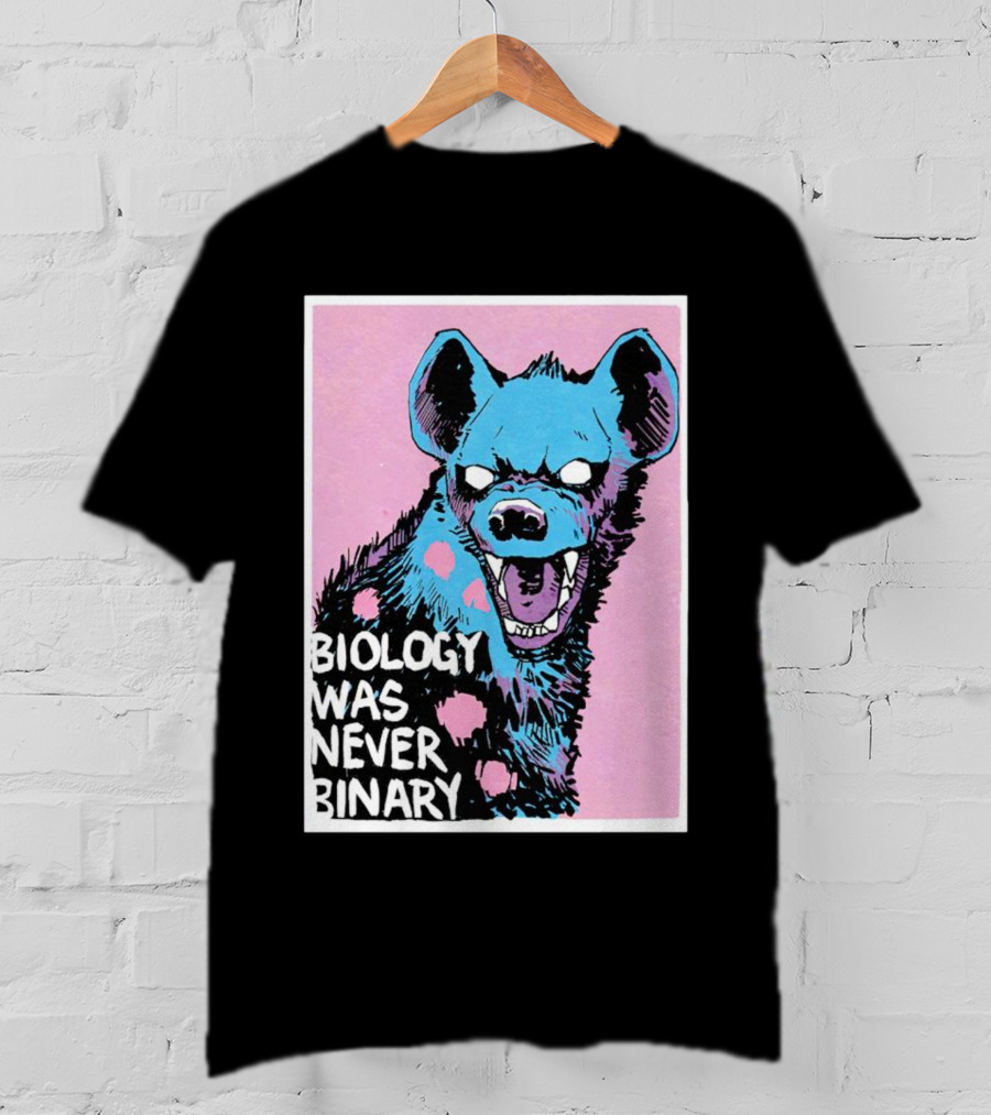 Biology Was Never Binary Blue Hyena Pink Background T-Shirt