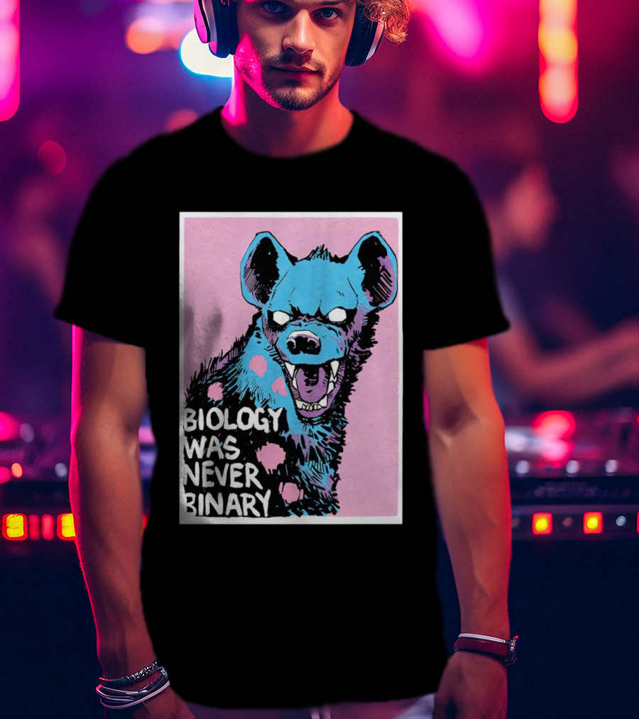 Biology Was Never Binary Blue Hyena Pink Background T-Shirt