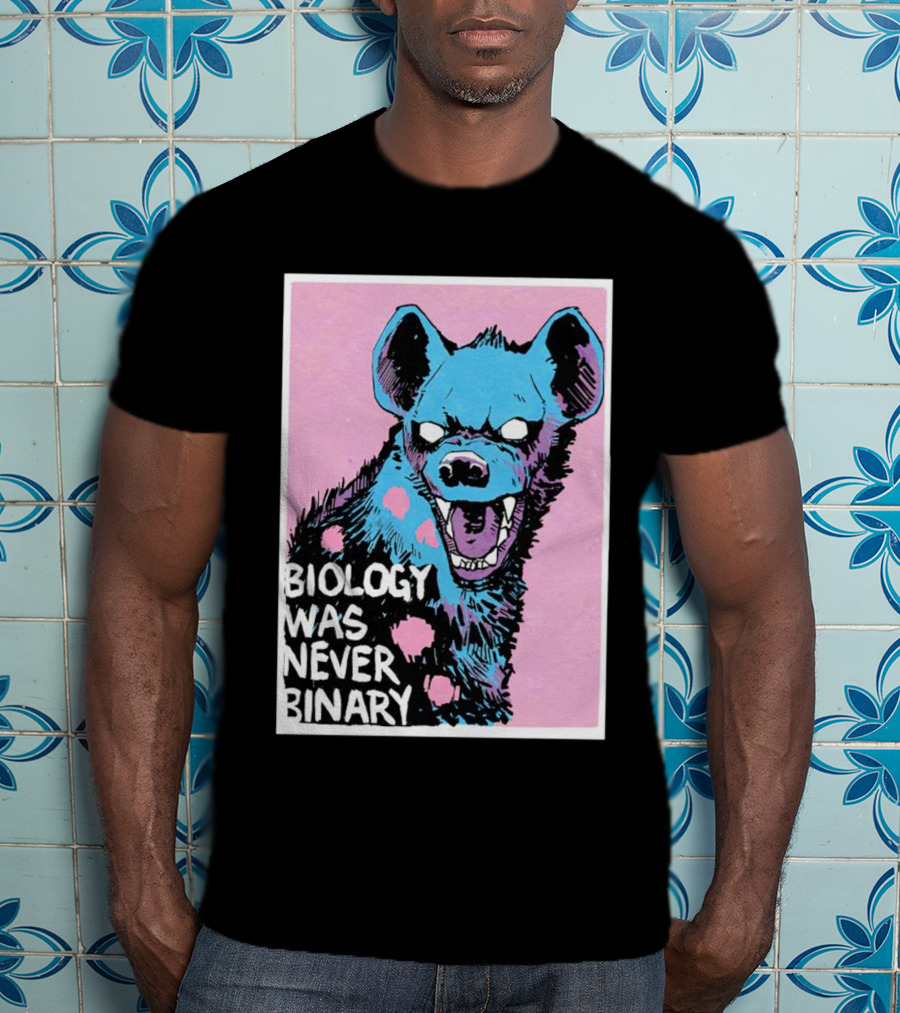 Biology Was Never Binary Blue Hyena Pink Background T-Shirt