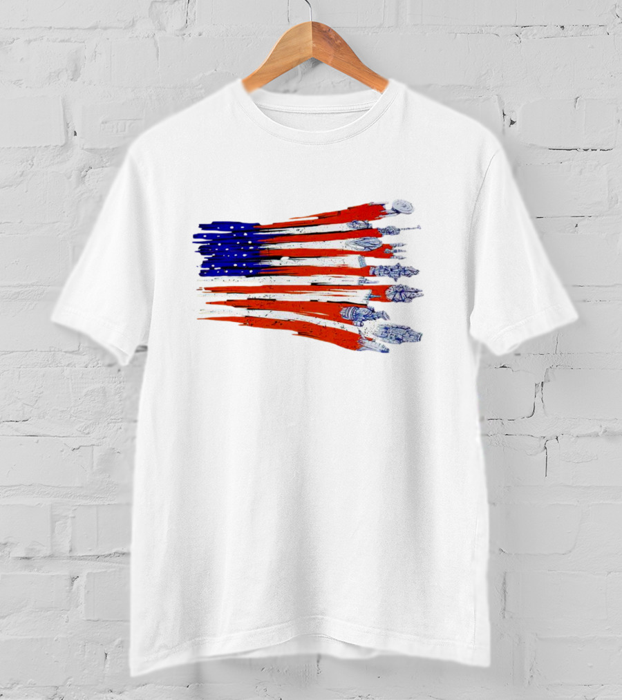 Spaceship American Flag Star Wars Starships Millennium Falcon X-Wing NASA Apollo Saturn V T-Shirt