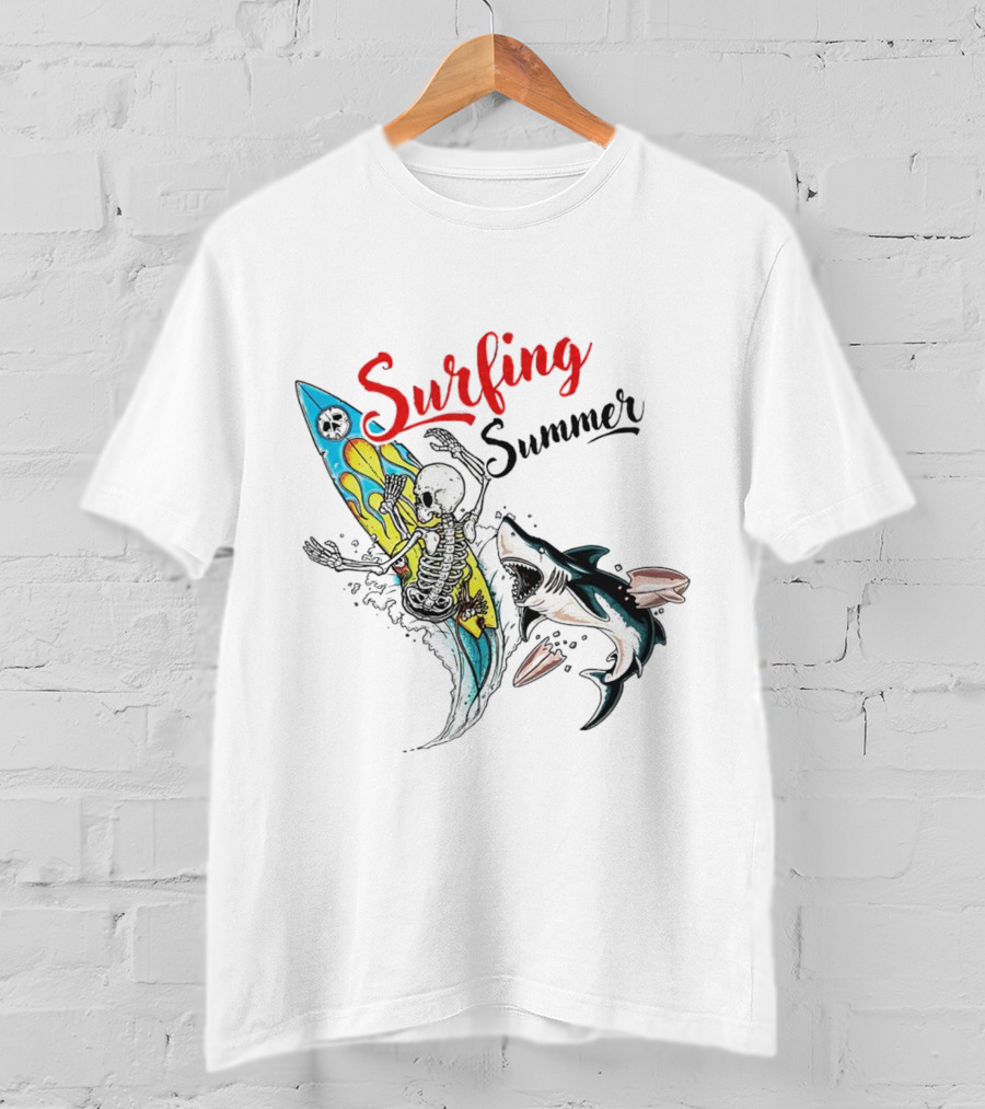 Surfing Summer Skeleton Battling Shark Adventure T-Shirt