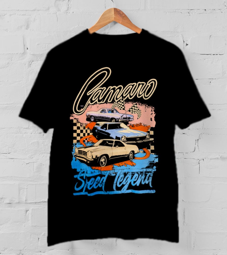 Camaro Speed Legend Vintage Racing Cars Checkered Flags T-Shirt
