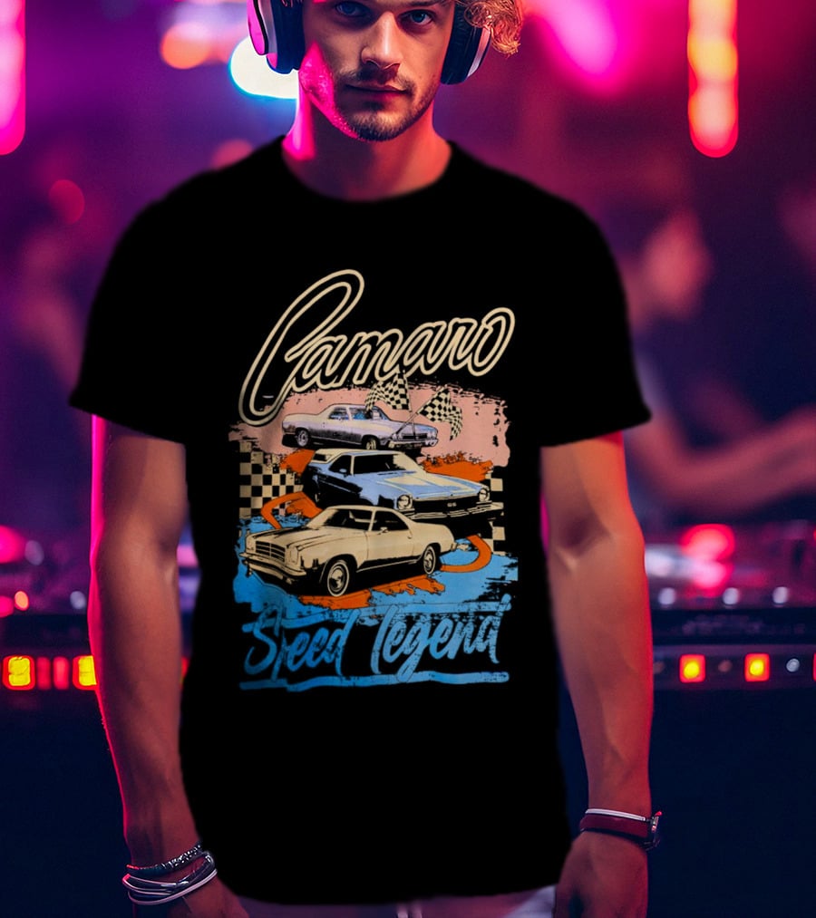Camaro Speed Legend Vintage Racing Cars Checkered Flags T-Shirt