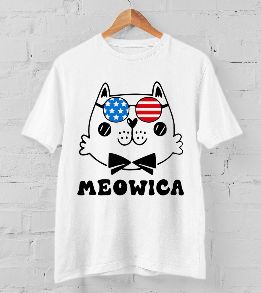 Meowica America Cat In Patriotic Star And Stripe Sunglasses T-Shirt