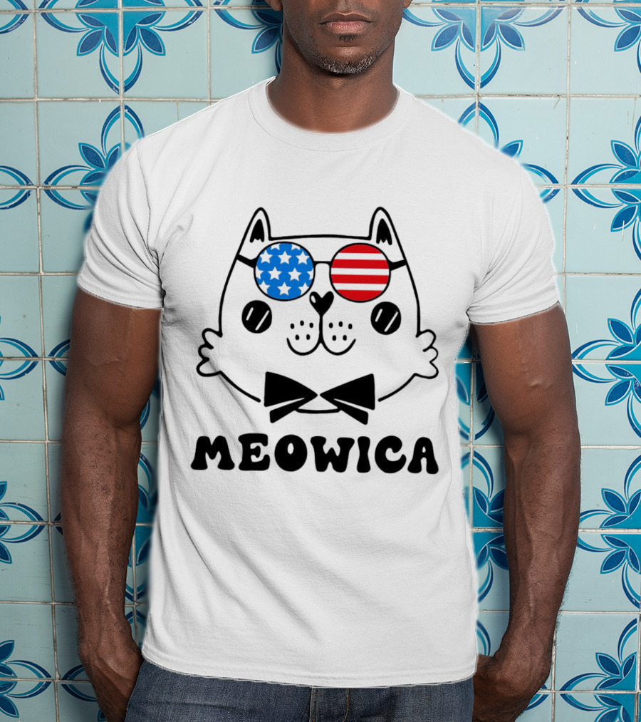 Meowica America Cat In Patriotic Star And Stripe Sunglasses T-Shirt