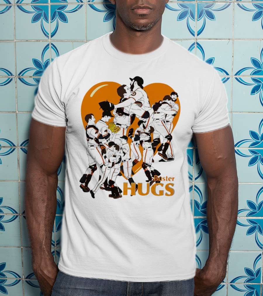 Buster Hugs San Francisco Giants Orange Heart Players Embrace T-Shirt