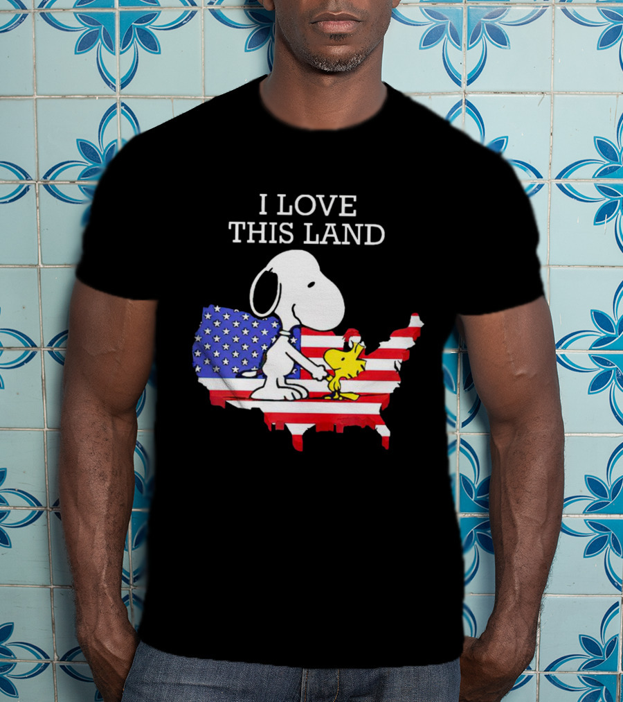 Snoopy Woodstock I Love This Land American Flag USA Map T-Shirt