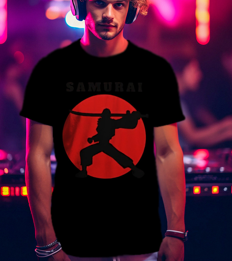 Samurai Silhouette With Red Sun Background T-Shirt