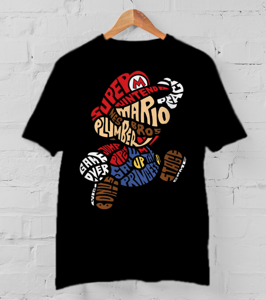 Super Nintendo Mario Bros Plumber Jump Stage Game Typography T-Shirt