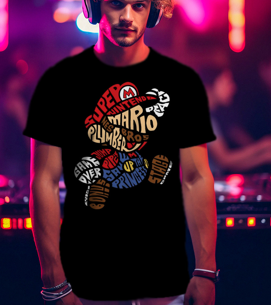 Super Nintendo Mario Bros Plumber Jump Stage Game Typography T-Shirt
