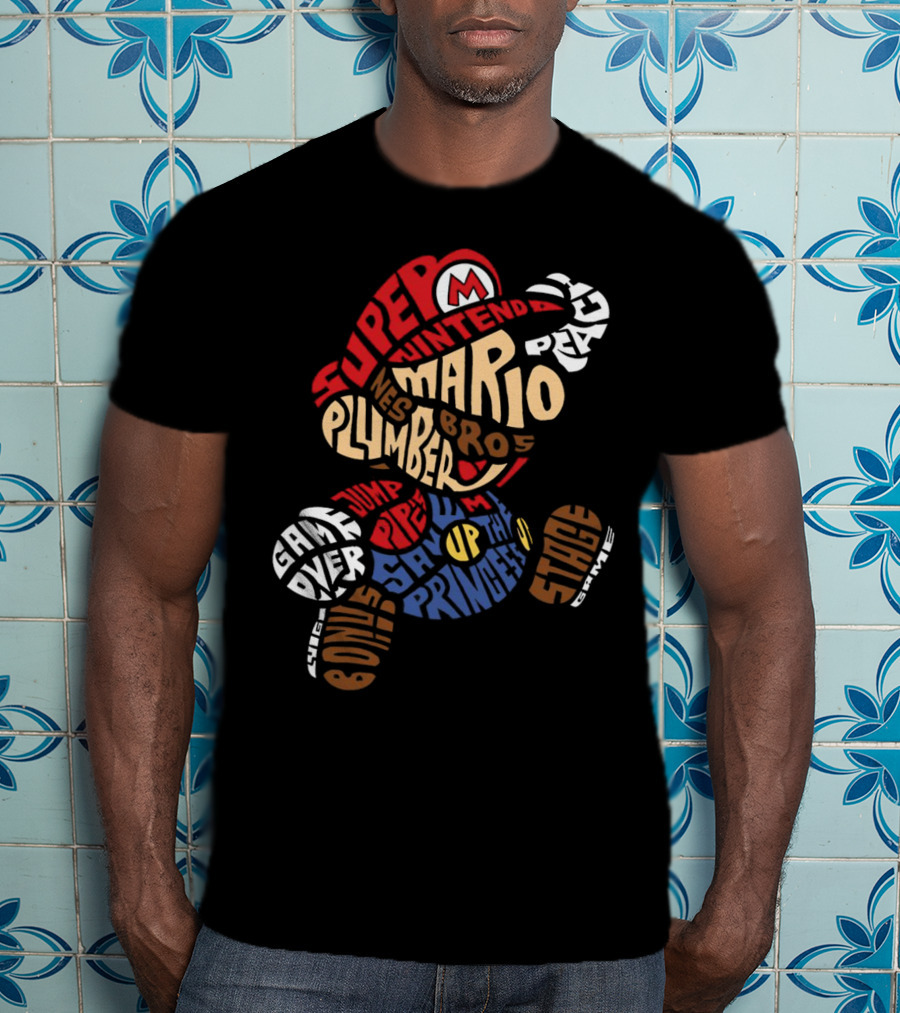 Super Nintendo Mario Bros Plumber Jump Stage Game Typography T-Shirt