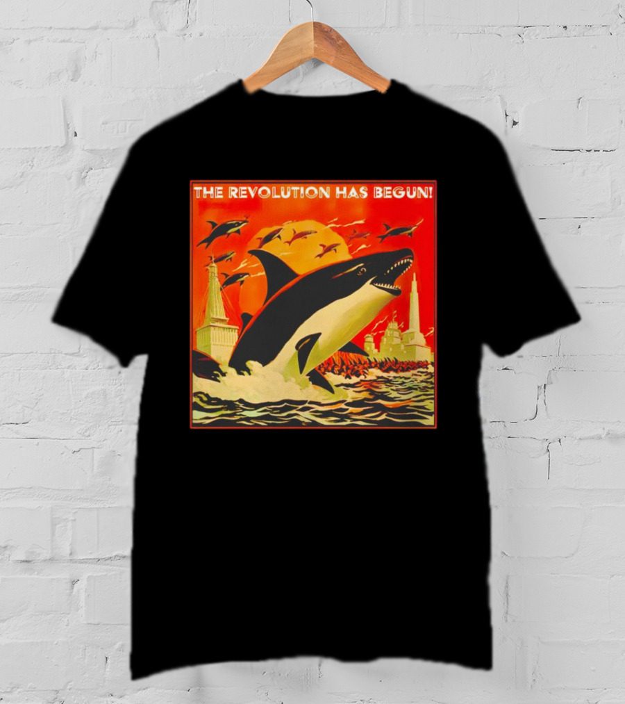 The Revolution Has Begun Orca Tower Attack With Jumping Killer Whales And Red Sky T-Shirt