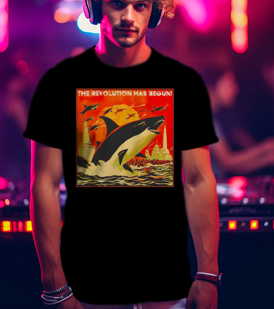 The Revolution Has Begun Orca Tower Attack With Jumping Killer Whales And Red Sky T-Shirt