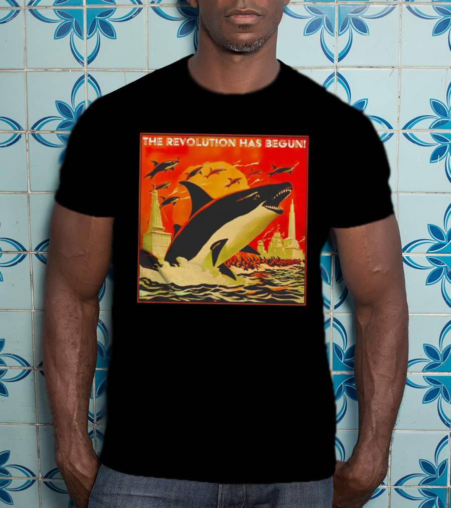 The Revolution Has Begun Orca Tower Attack With Jumping Killer Whales And Red Sky T-Shirt