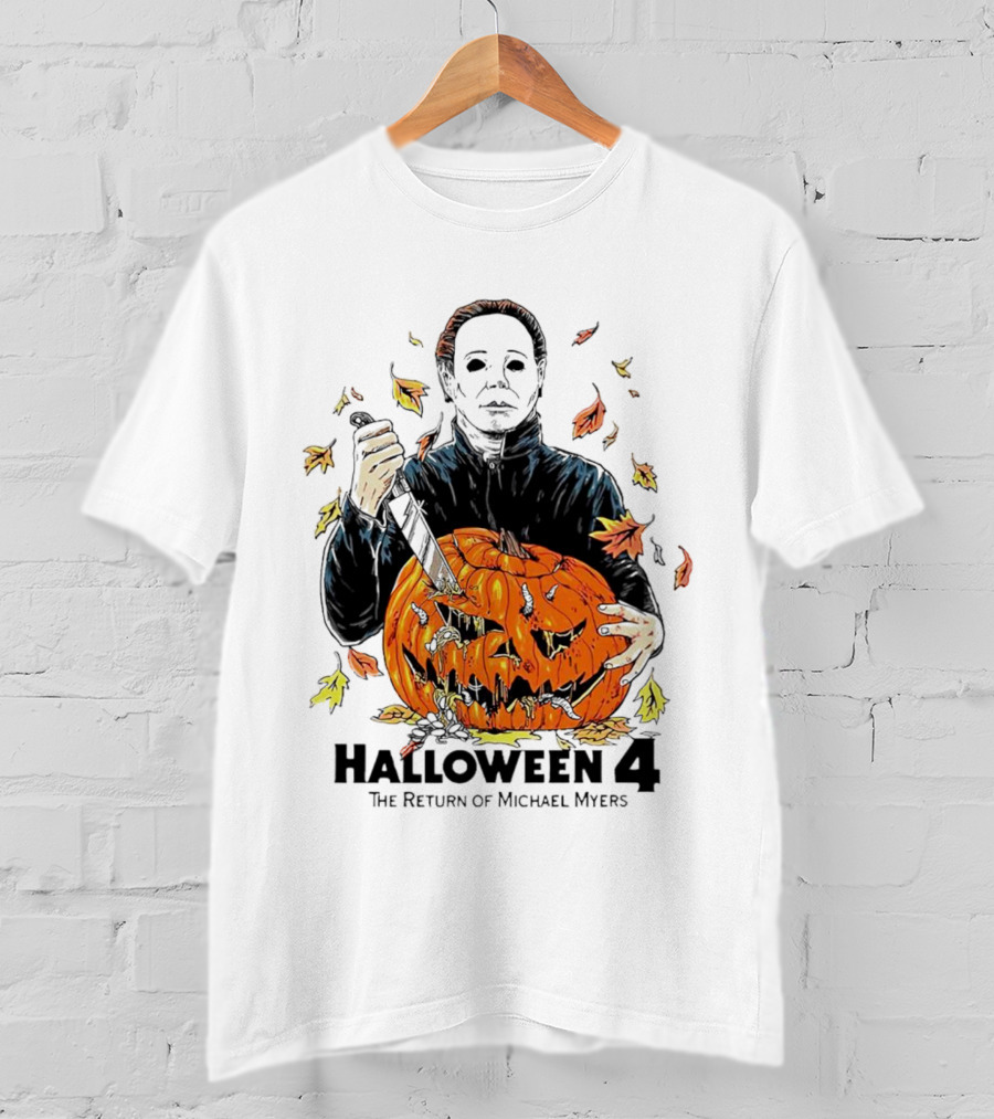 Halloween 4 The Return Of Michael Myers Knife-Wielding Michael With Carved Pumpkin And Autumn Leaves T-Shirt