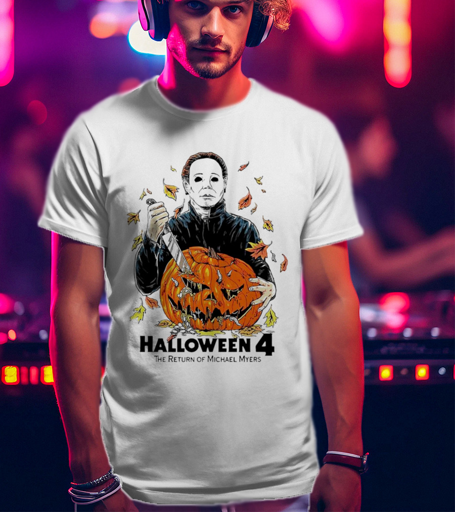 Halloween 4 The Return Of Michael Myers Knife-Wielding Michael With Carved Pumpkin And Autumn Leaves T-Shirt