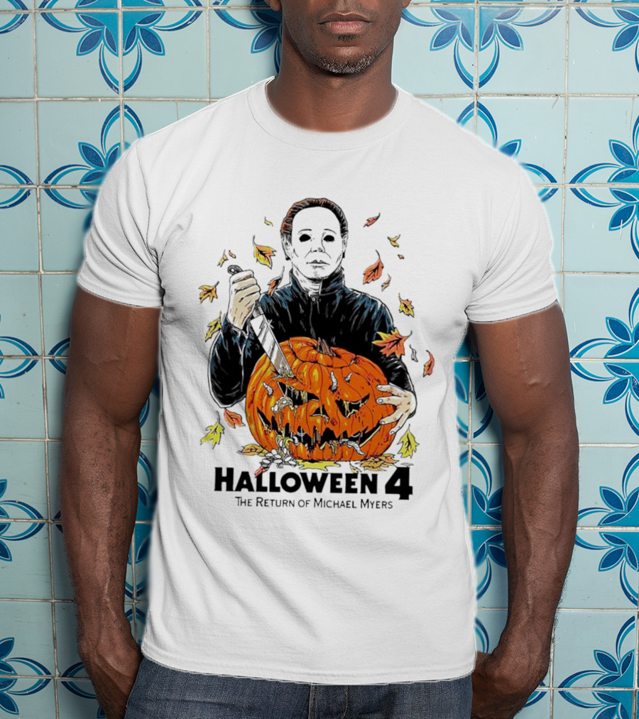 Halloween 4 The Return Of Michael Myers Knife-Wielding Michael With Carved Pumpkin And Autumn Leaves T-Shirt