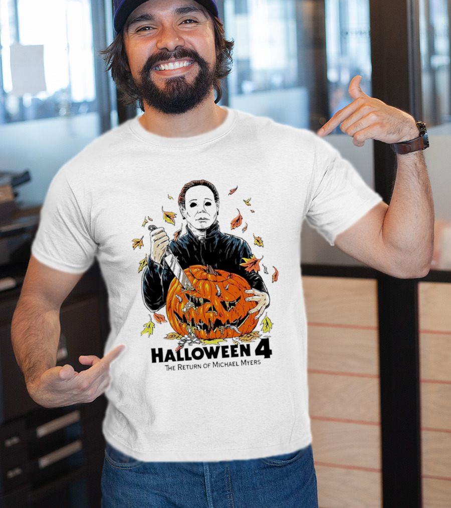 Halloween 4 The Return Of Michael Myers Knife-Wielding Michael With Carved Pumpkin And Autumn Leaves T-Shirt