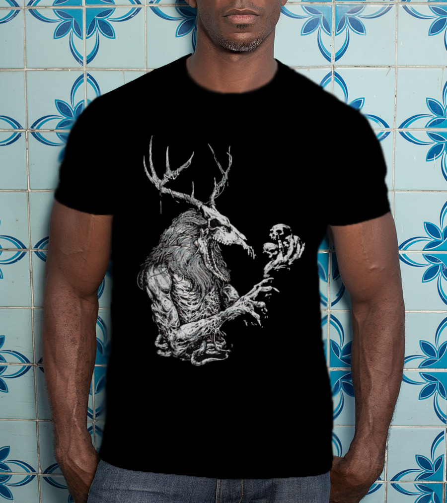 Wendigo Antlered Skull Creature Grasping Skulls T-Shirt