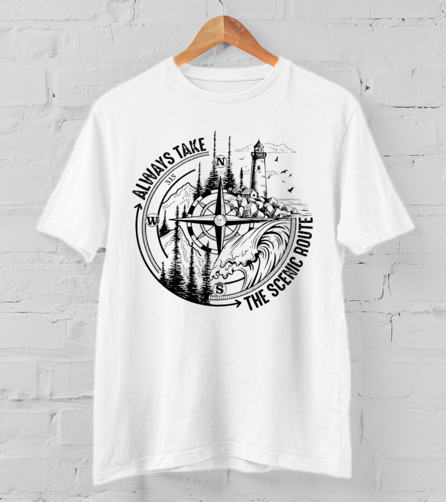 Always Take The Scenic Route Compass Lighthouse Ocean Waves Forest Adventure T-Shirt
