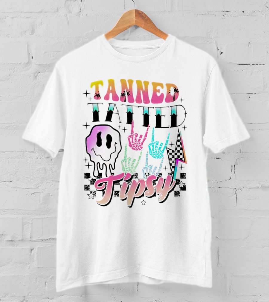 Tanned Tatted Tipsy Colorful Skeleton Hands Melting Smiley T-Shirt