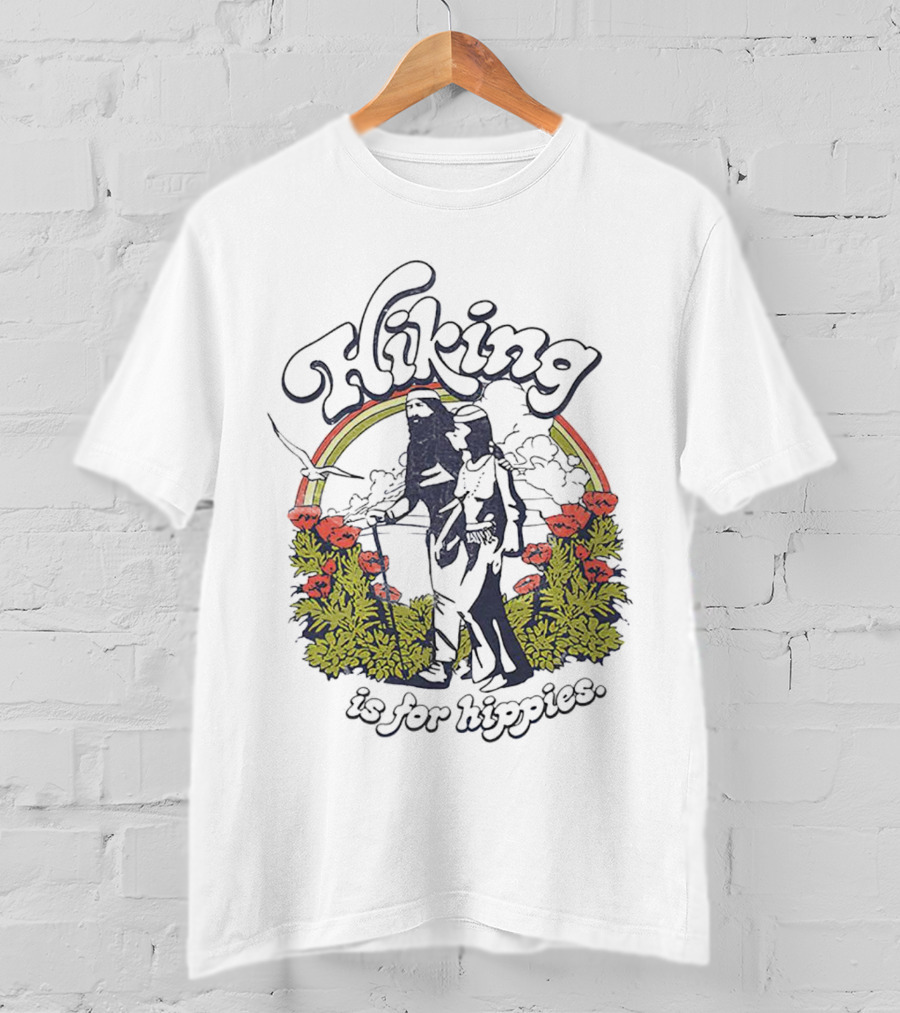 Hiking Is For Hippies Vintage Floral Rainbow Scene T-Shirt