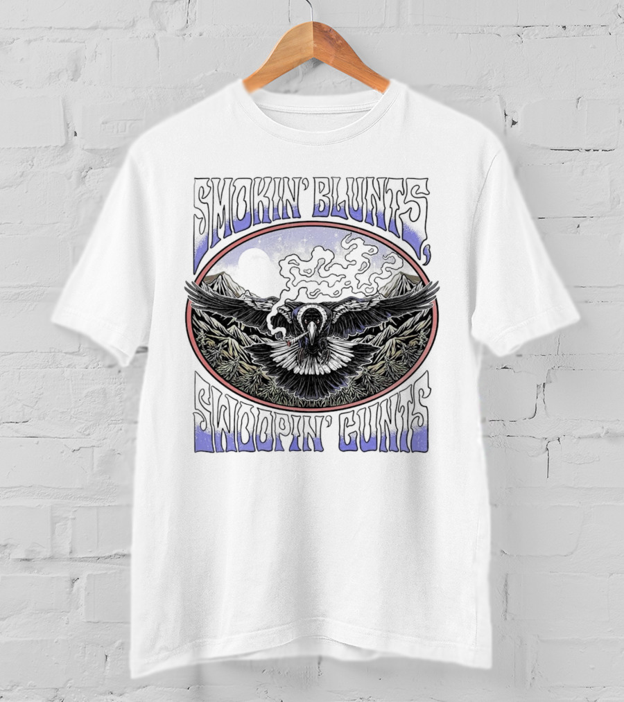 Smokin’ Blunts Swoopin’ Gunts Raven With Smoky Mountains And Clouds T-Shirt