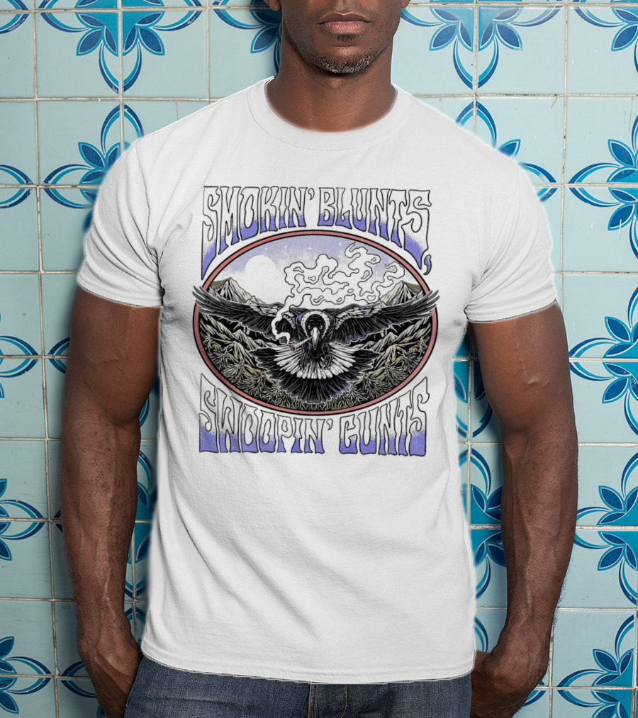 Smokin’ Blunts Swoopin’ Gunts Raven With Smoky Mountains And Clouds T-Shirt