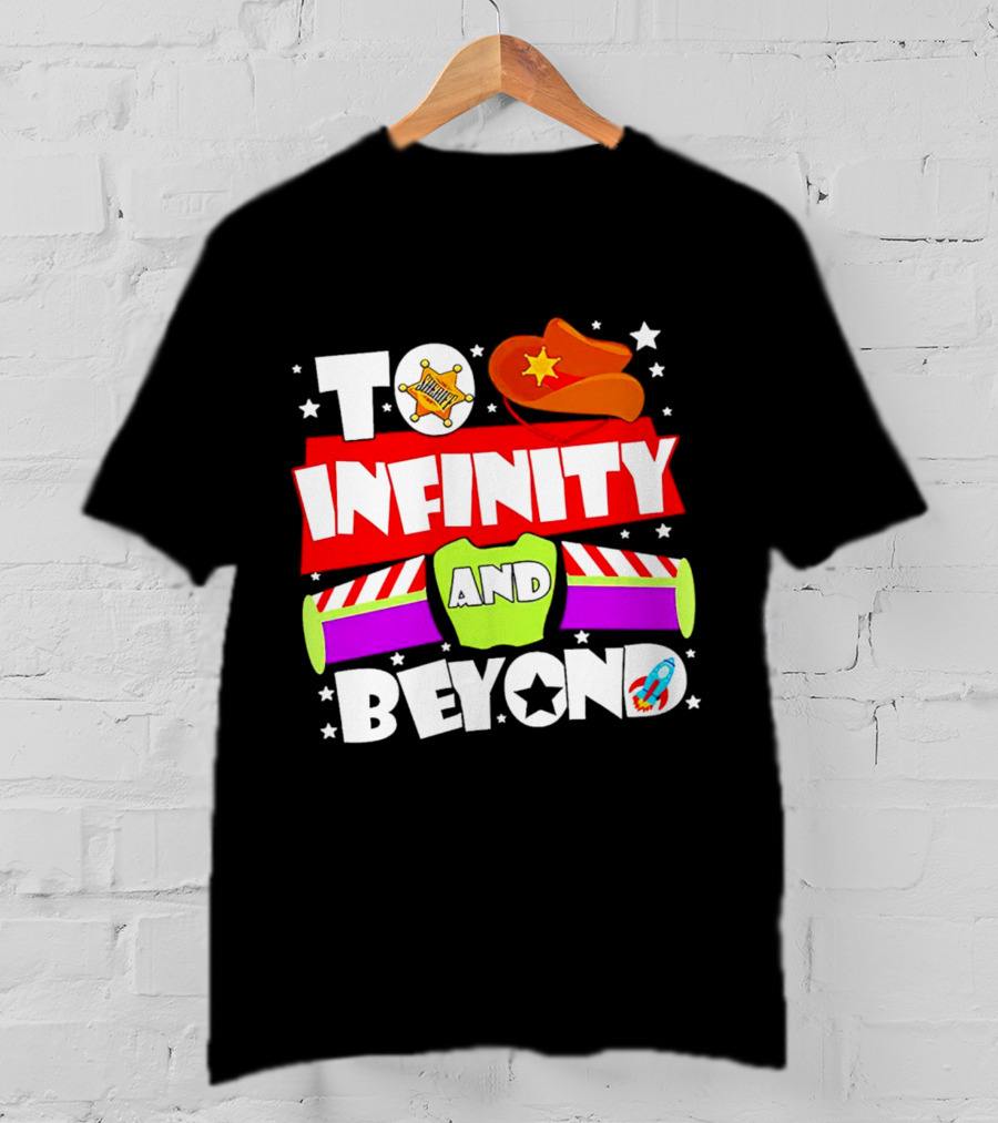 To Infinity And Beyond Toy Story Sheriff Badge Cowboy Hat Rocket T-Shirt